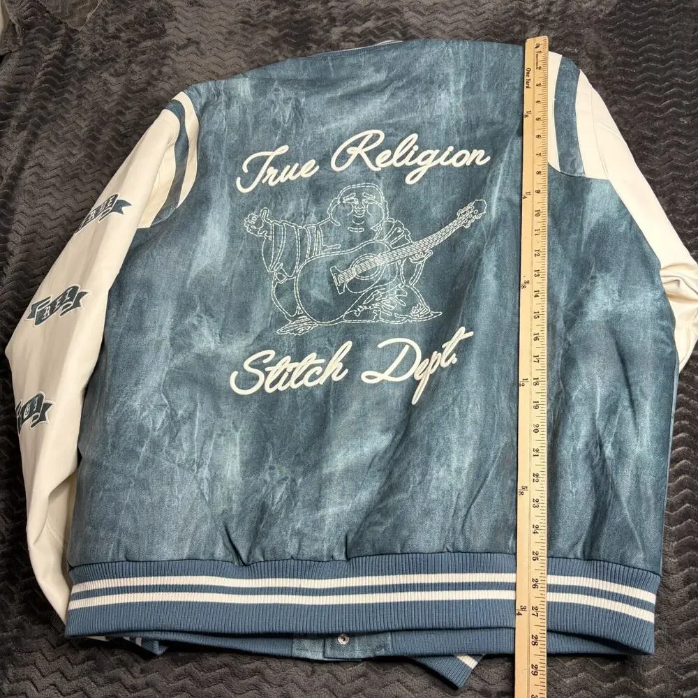 TRUE RELIGION Denim Print Varsity Jacket 109881 Cerulean Blue size 2XL New